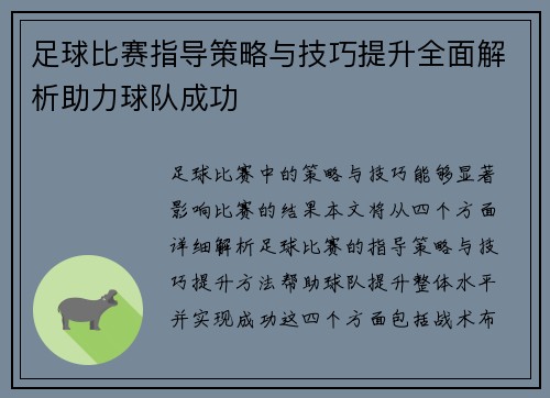 足球比赛指导策略与技巧提升全面解析助力球队成功