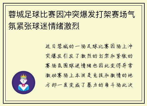蓉城足球比赛因冲突爆发打架赛场气氛紧张球迷情绪激烈
