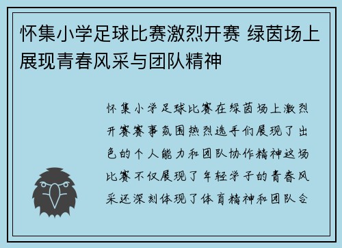 怀集小学足球比赛激烈开赛 绿茵场上展现青春风采与团队精神