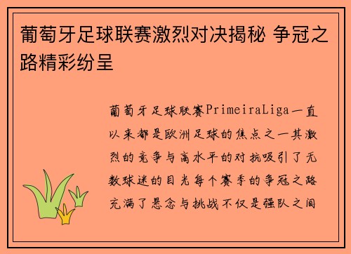 葡萄牙足球联赛激烈对决揭秘 争冠之路精彩纷呈