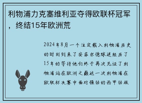 利物浦力克塞维利亚夺得欧联杯冠军，终结15年欧洲荒