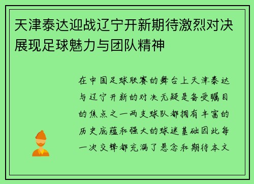 天津泰达迎战辽宁开新期待激烈对决展现足球魅力与团队精神