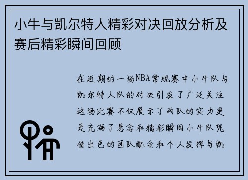 小牛与凯尔特人精彩对决回放分析及赛后精彩瞬间回顾