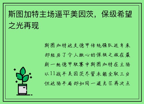 斯图加特主场逼平美因茨，保级希望之光再现