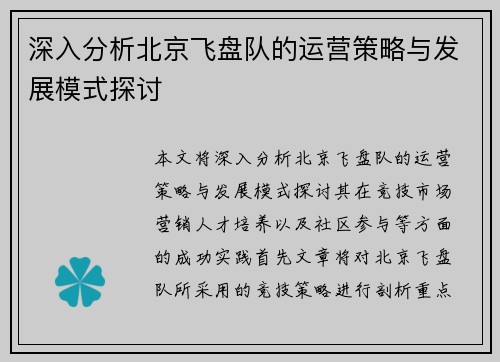 深入分析北京飞盘队的运营策略与发展模式探讨