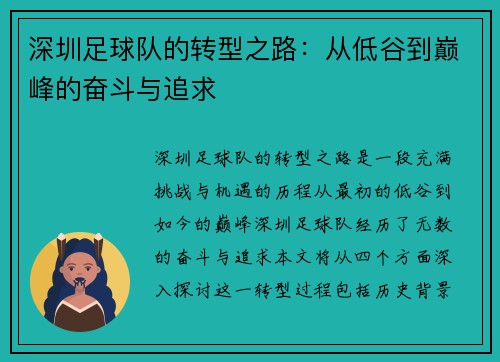 深圳足球队的转型之路：从低谷到巅峰的奋斗与追求