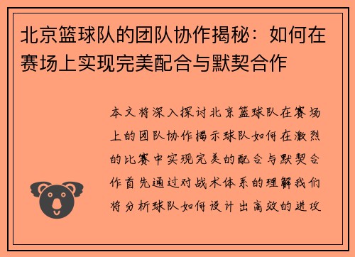 北京篮球队的团队协作揭秘：如何在赛场上实现完美配合与默契合作